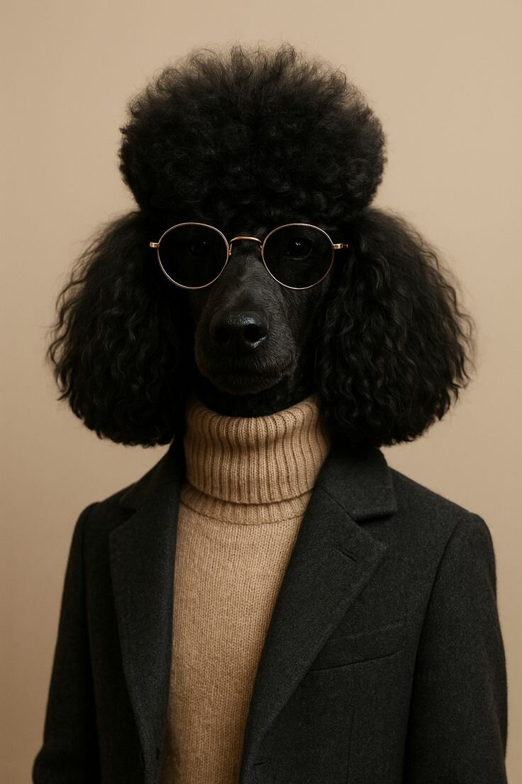 A black poodle wearing round glasses, a turtleneck and a blazer