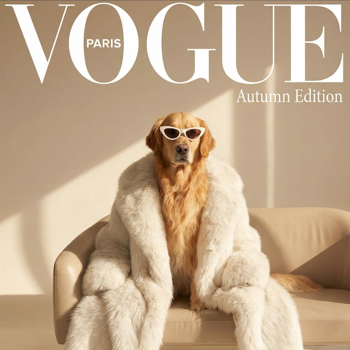 A golden retriever in a faux fur coat and sunglasses posed like a fashion magazine cover